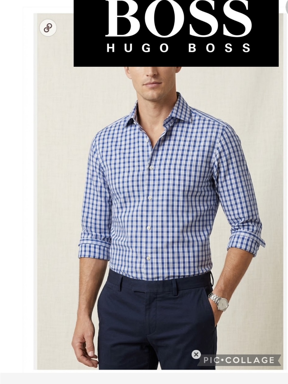 Boss Men's Blue and White Check Button-Down Shirt